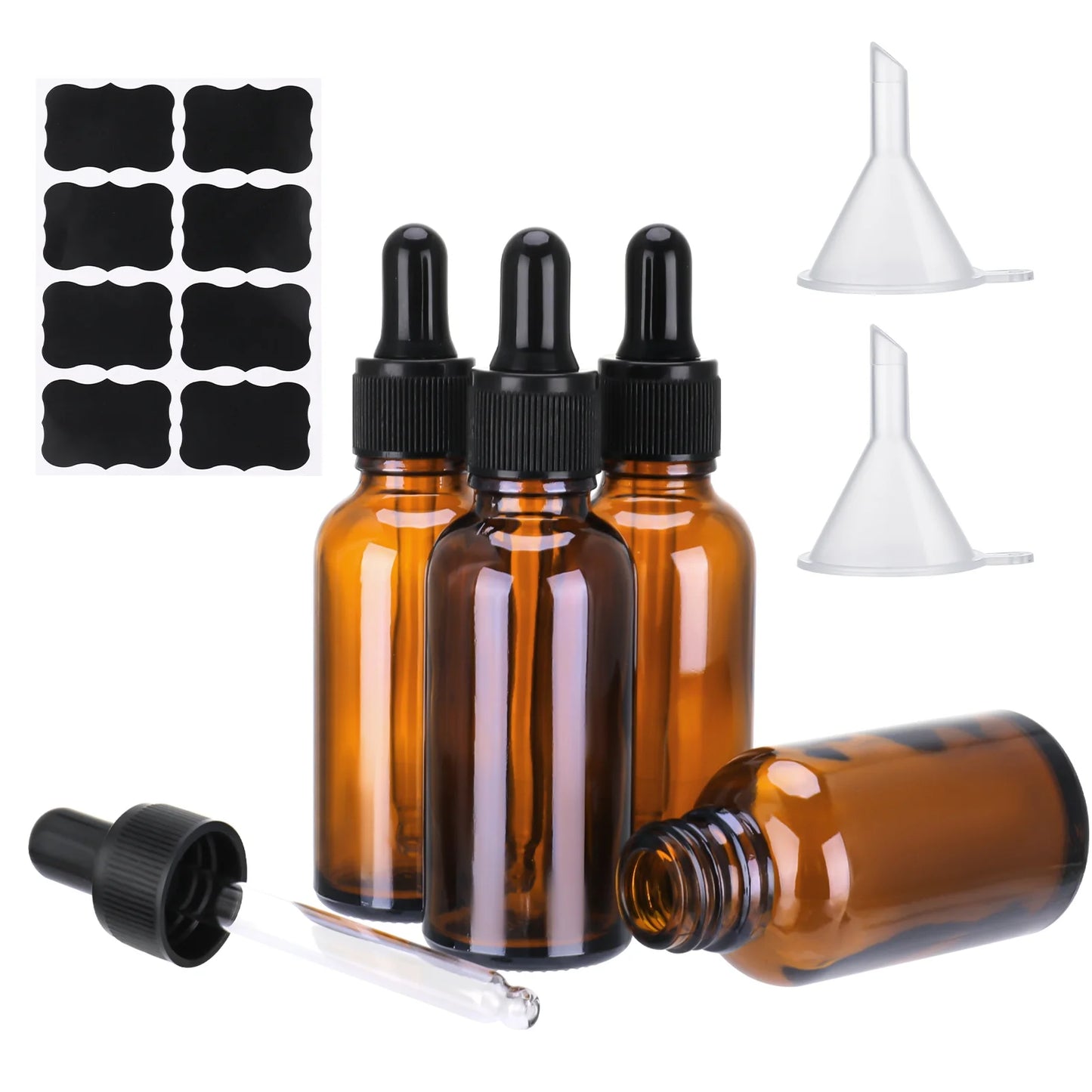 4PCS Glass Dropper Bottle with Labels and Funnels, 1Oz/30Ml Amber Glass Bottles, Leakproof Essential Oil Bottles Tincture Bottles with Dropper for Oils, Liquids, Perfumes