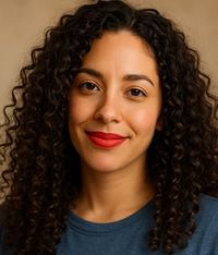 hispanic lady red lipstic casual photo profile pic long permed hair head tilted 