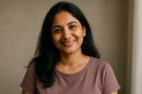 indian woman age 40 casual photo long hair head tilted